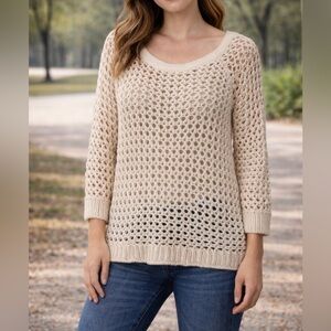 American Eagle Open Knit Crochet Sweater XL Cream Boho Layered